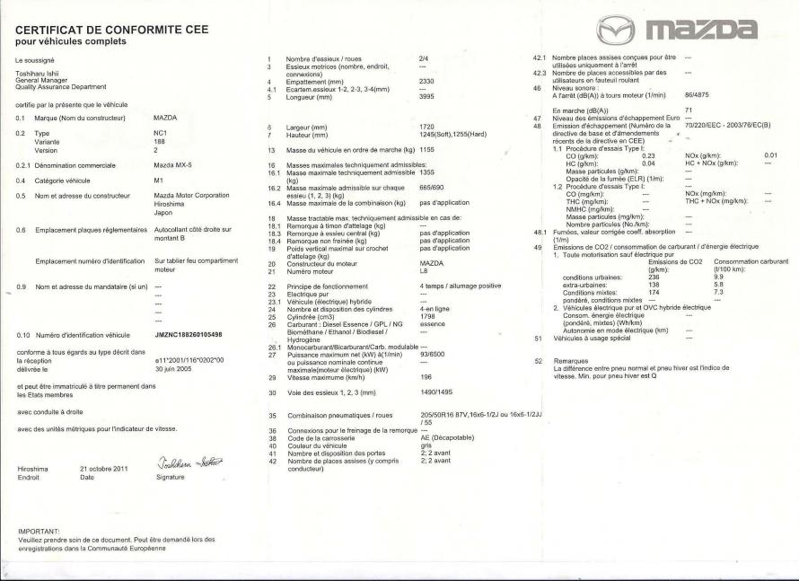 Certificat de conformité Mazda Gratuit